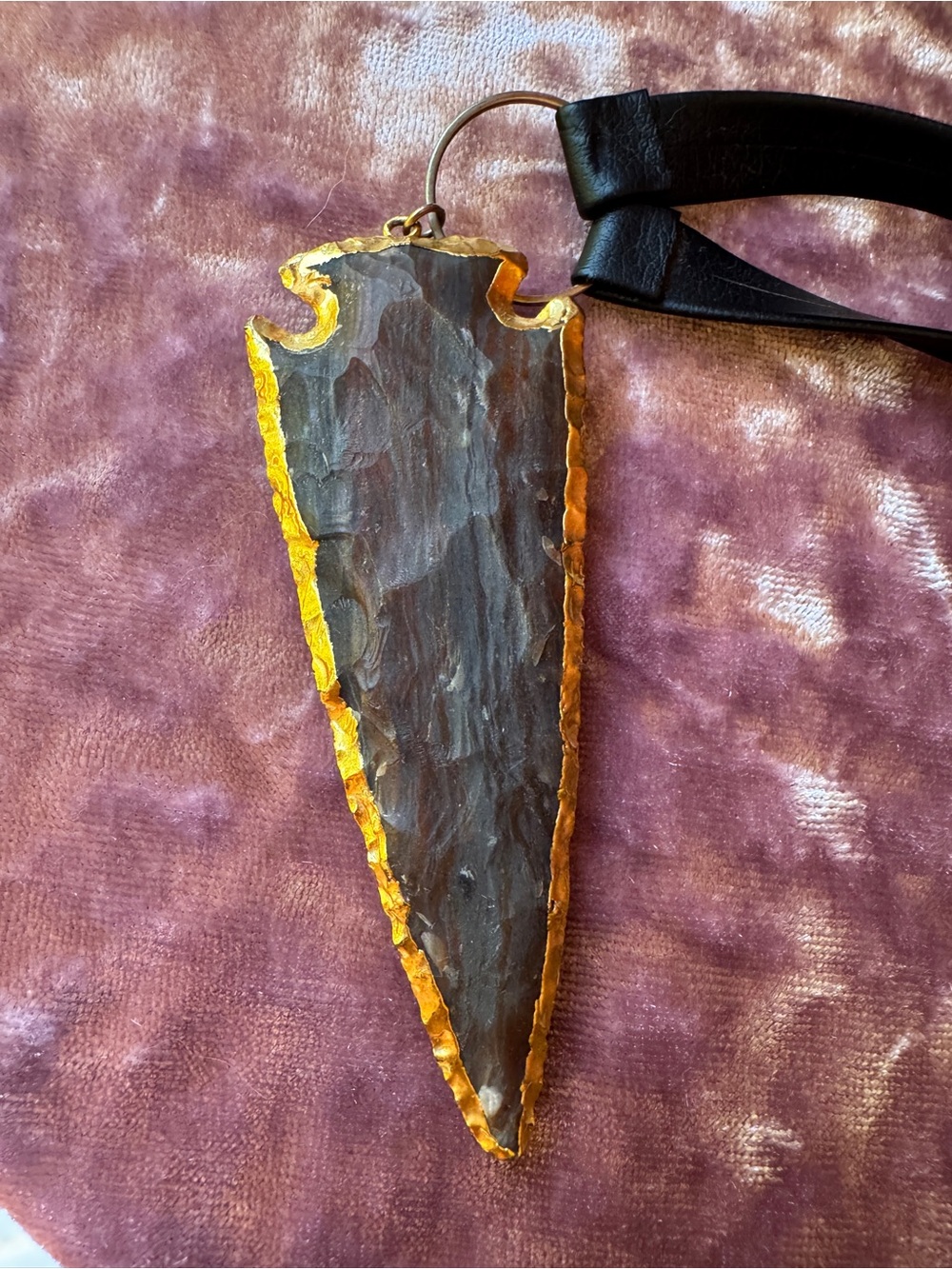 Dark Brown Hand Carved Arrowhead Pendant with Flash Plate Gold Toned Border